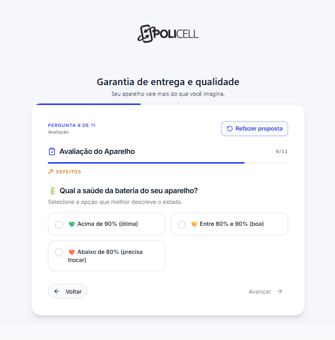 Tela de avaliacao mostrando saude da bateria do iPhone no sistema Policell