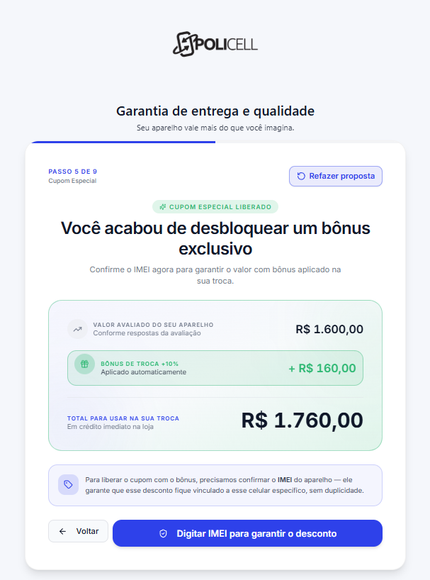 Tela da Policell mostrando proposta de avaliacao de iPhone com bonus de troca